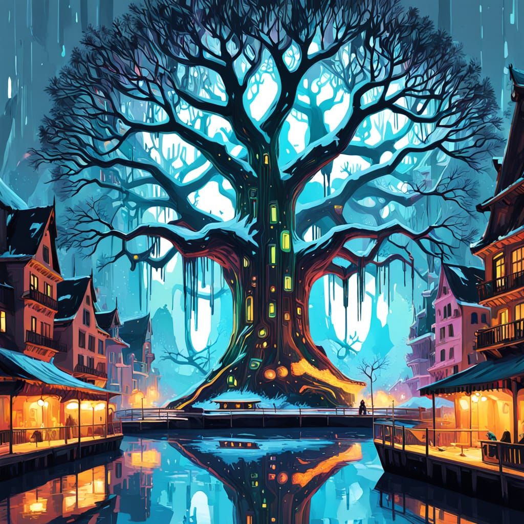 Bioluminescent Cityscape in a Tree, Digital Painting