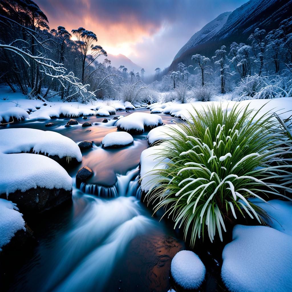 Snowy Tasmanian River Plants in Hyperdetailed Photography