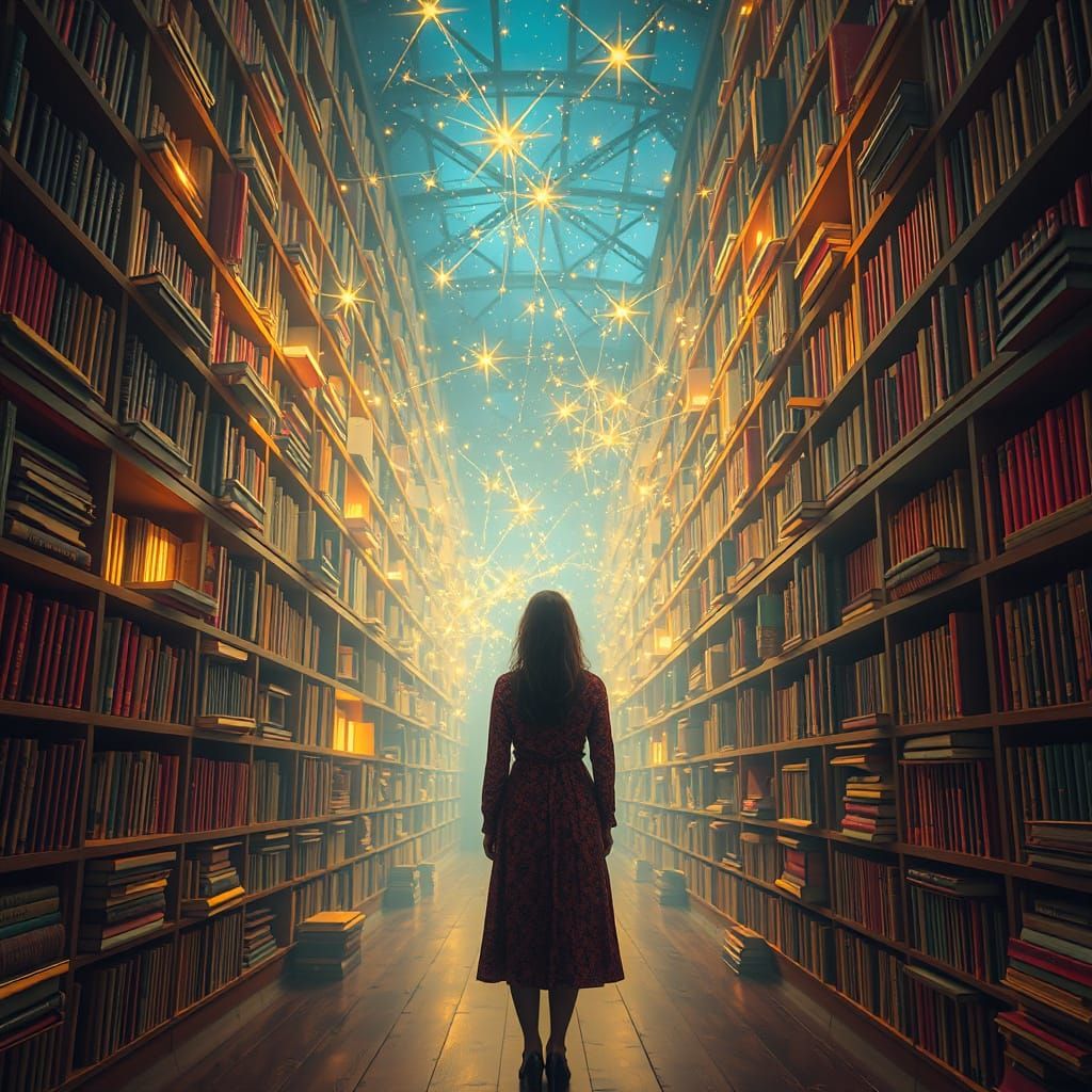 Infinite Bookshelves with Glowing Constellations, Dreamlike ...