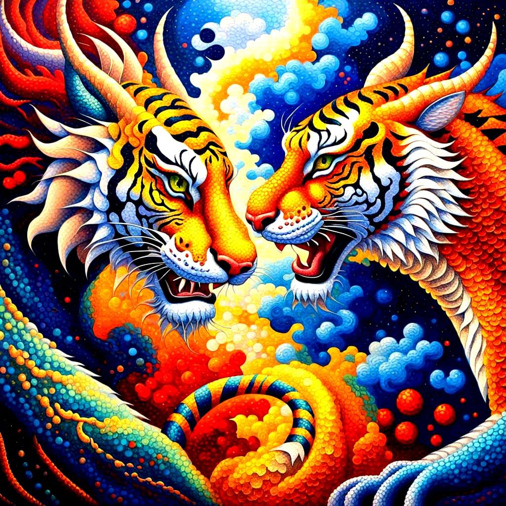 Dragon and Tiger in Pointillism Style