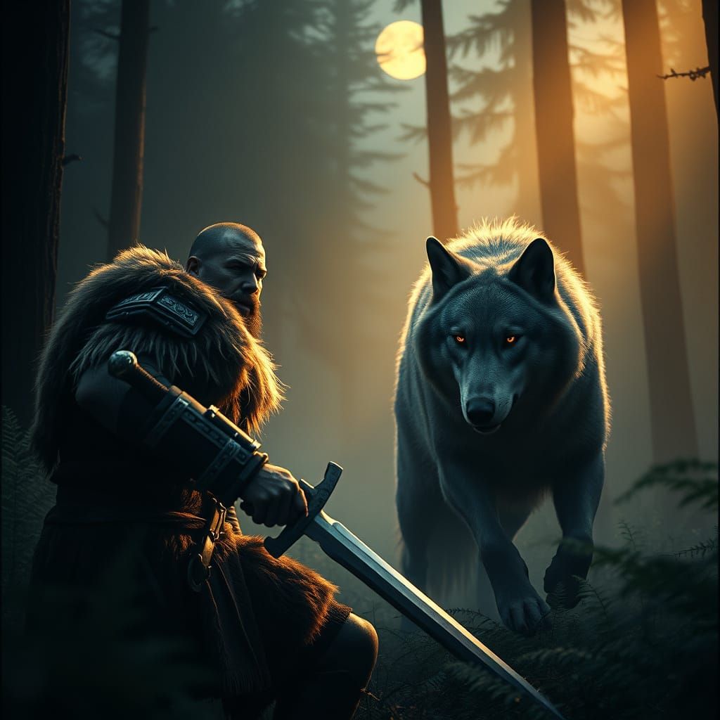 Fierce Viking Battles Majestic Wolf in Moonlit Forest