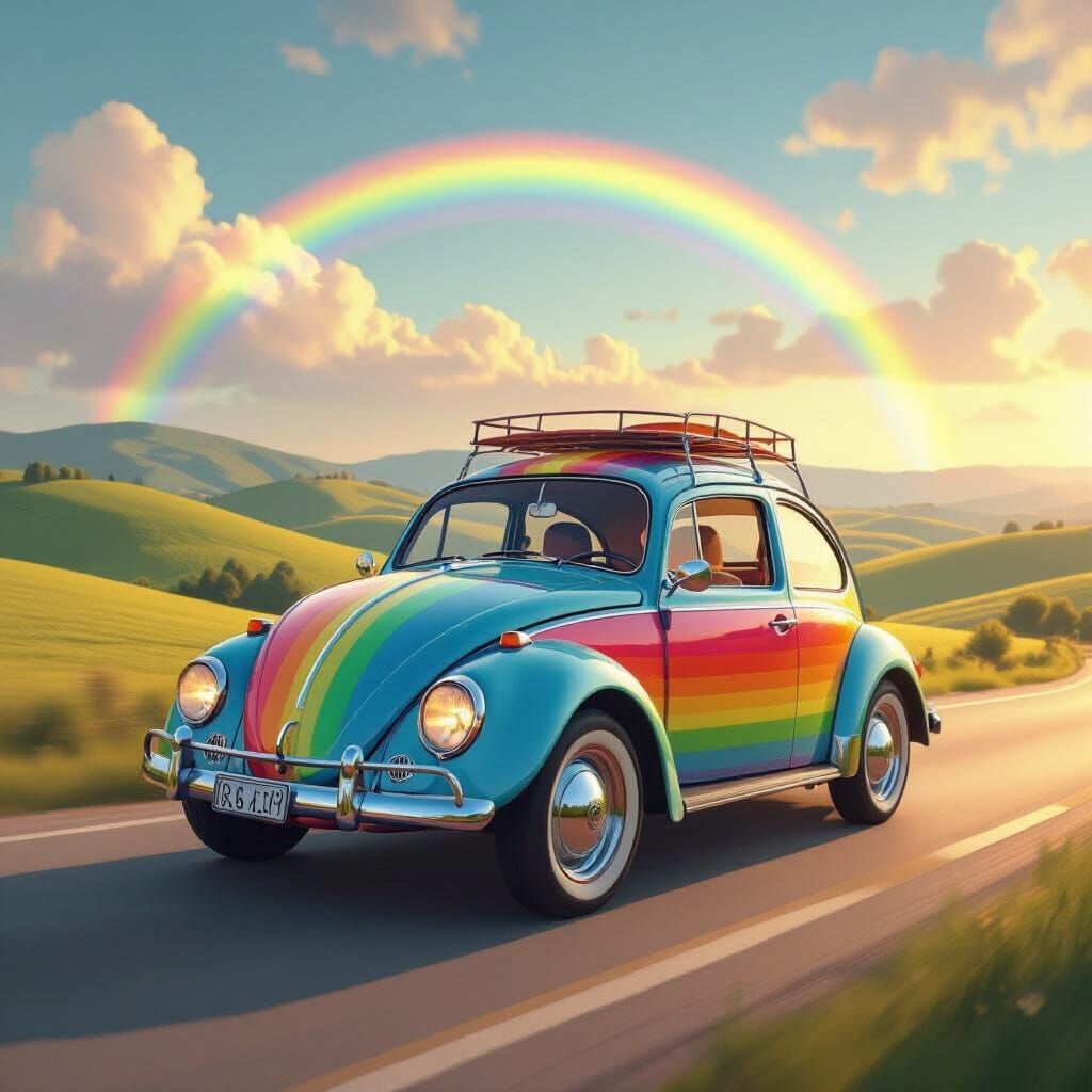 Rainbow Volkswagen Beetle on Sunny Country Road