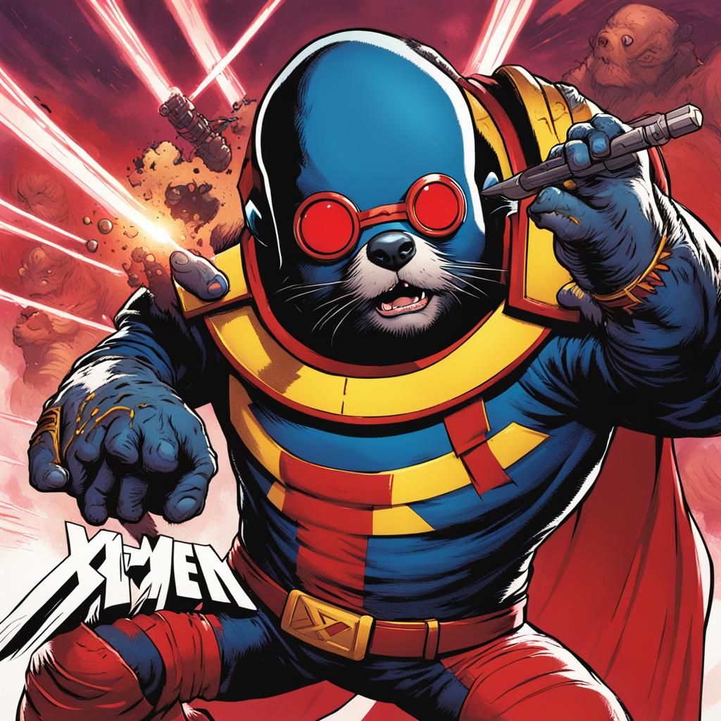 a mole dressed as Cyclops from Marvel X-Men who shoots laser beams from his eyes,the logo "X" on chest,red beams shoot o...