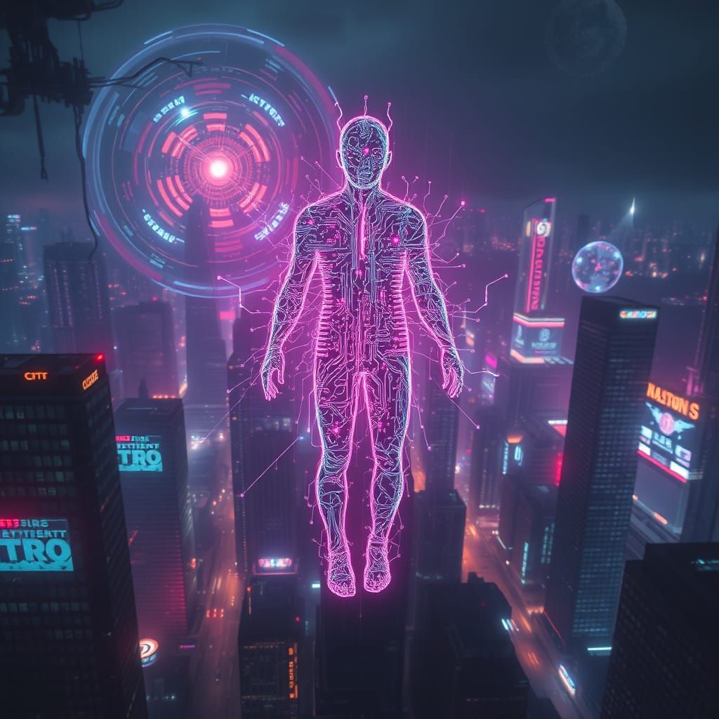 Digital Silhouette of Consciousness in Cyberpunk Style