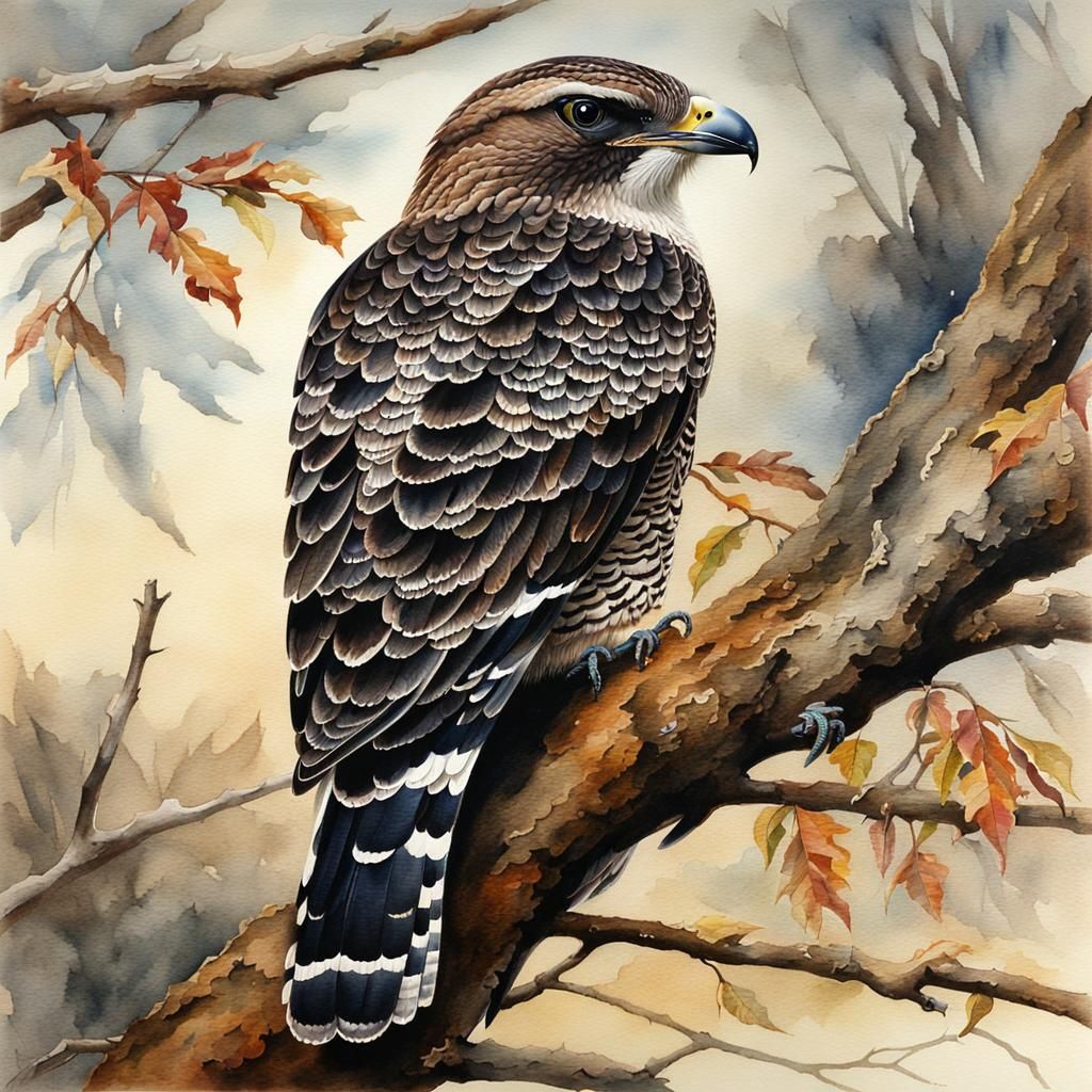 Watercolor Nighthawk on Leafless Bough