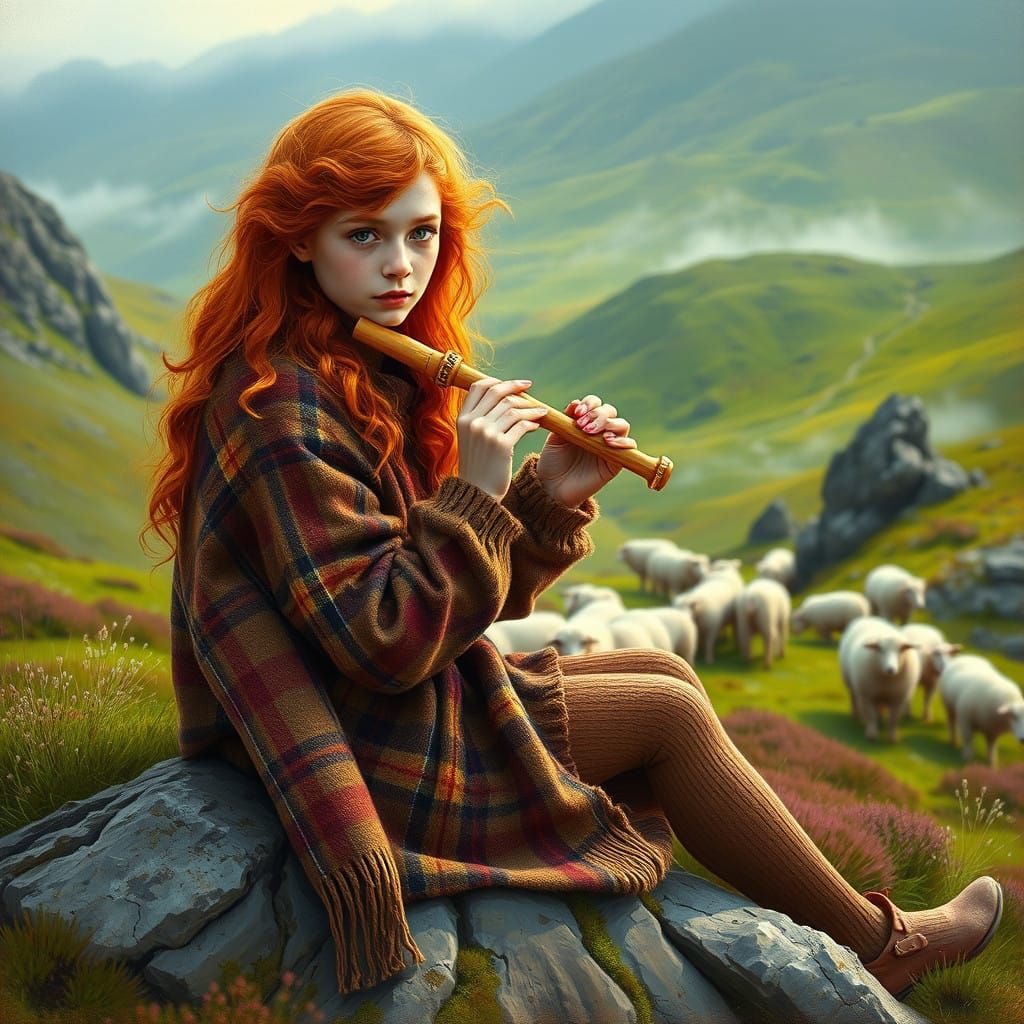 Dreamy Scottish Shepherdess in Traditional Tartan Amidst Maj...