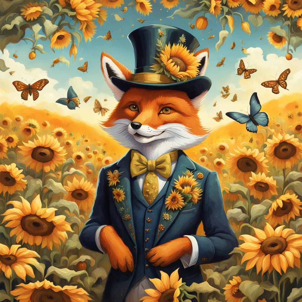 Dapper Fox in Sunflower Field, Whimsical Illustration