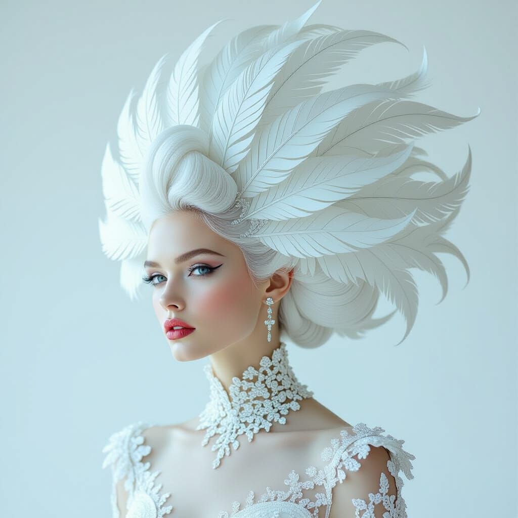 Regal Woman with Feathered Hairstyle as Digital Art