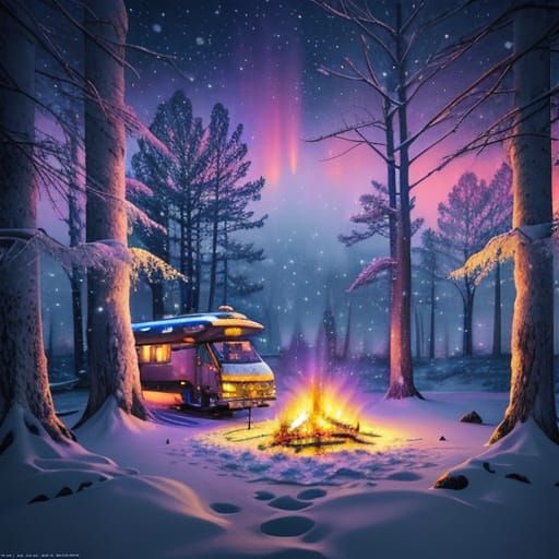 Vibrant Winter Wonderland Campsite in Anime-Inspired Waterco...