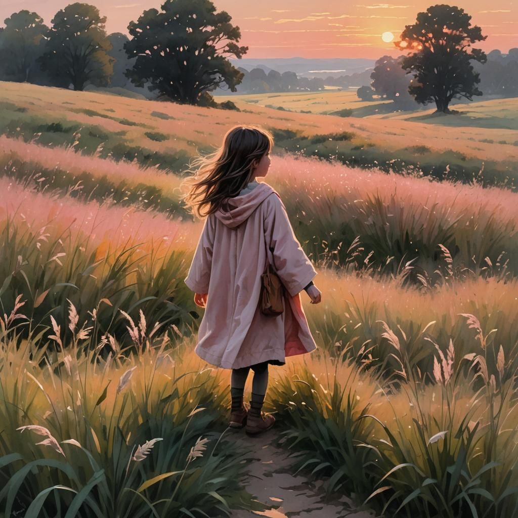 Dusk Serenity: Girl in Field of Grass