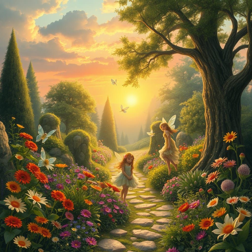 Majestic Fairy Garden with Sunset and Fairies
