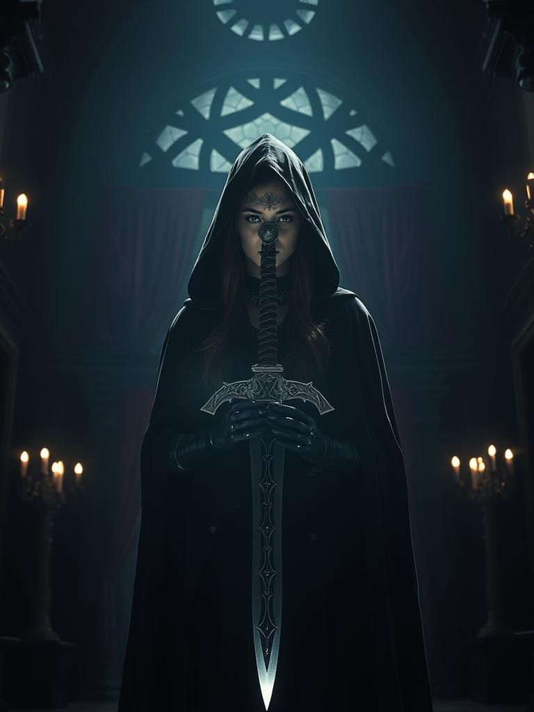 Dark Mage and Glowing Sword in Gothic Chamber