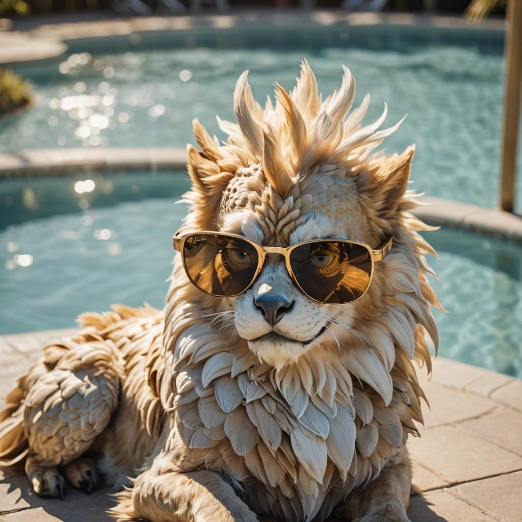Gryphon in Sunglasses: Whimsical Poolside Portrait