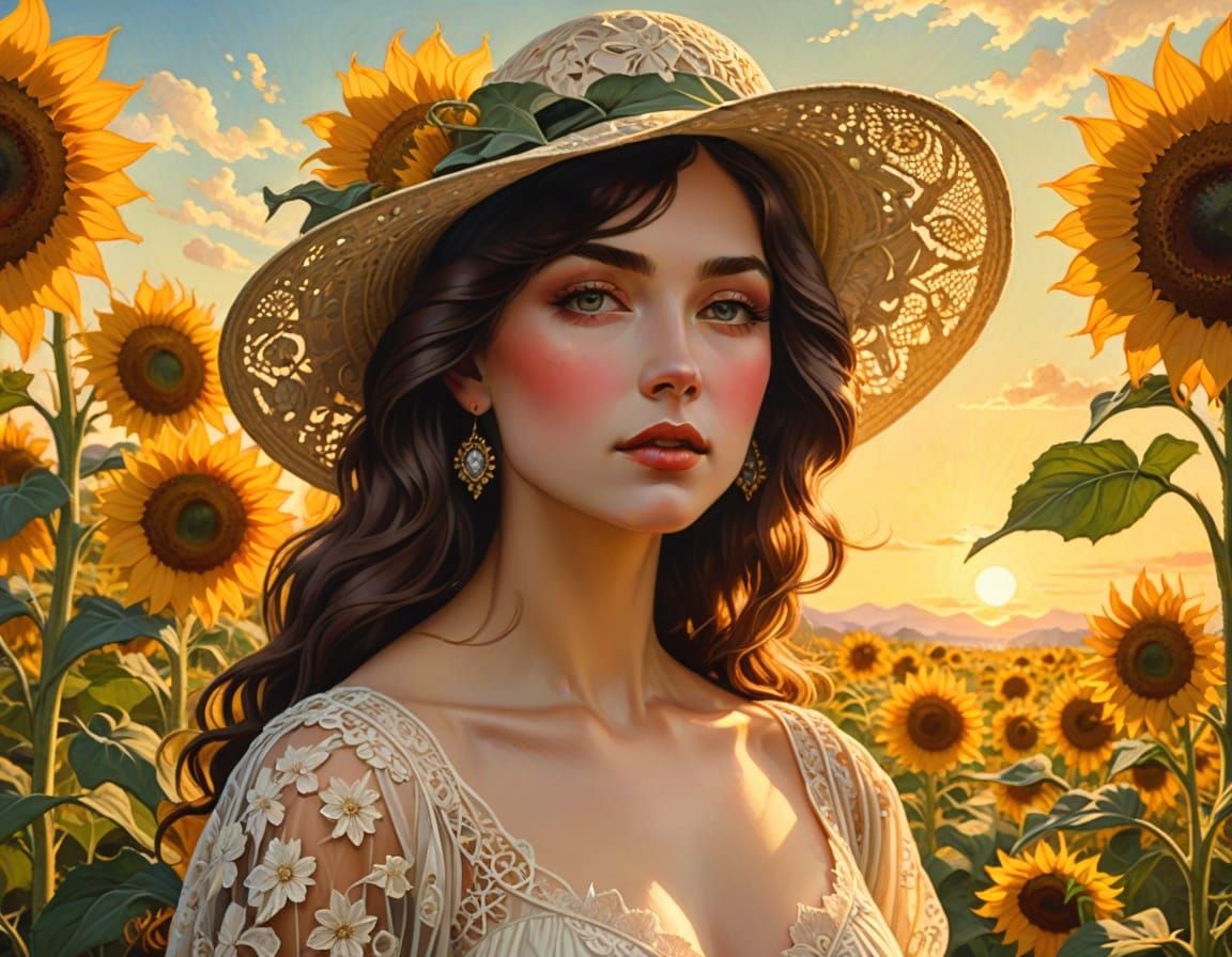 Elegant Woman in Sunflower Field, Art Nouveau Style