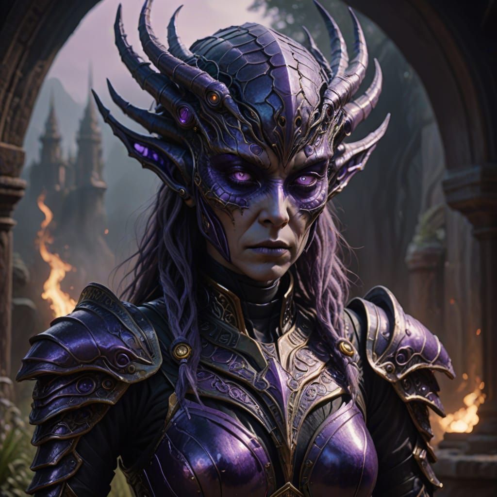 Alien Princess in Regal Armor with Glowing Eyes