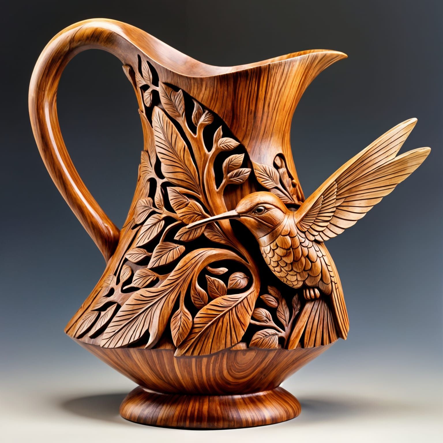 Hummingbird Carved Wood Pitcher: Master Craftsmanship