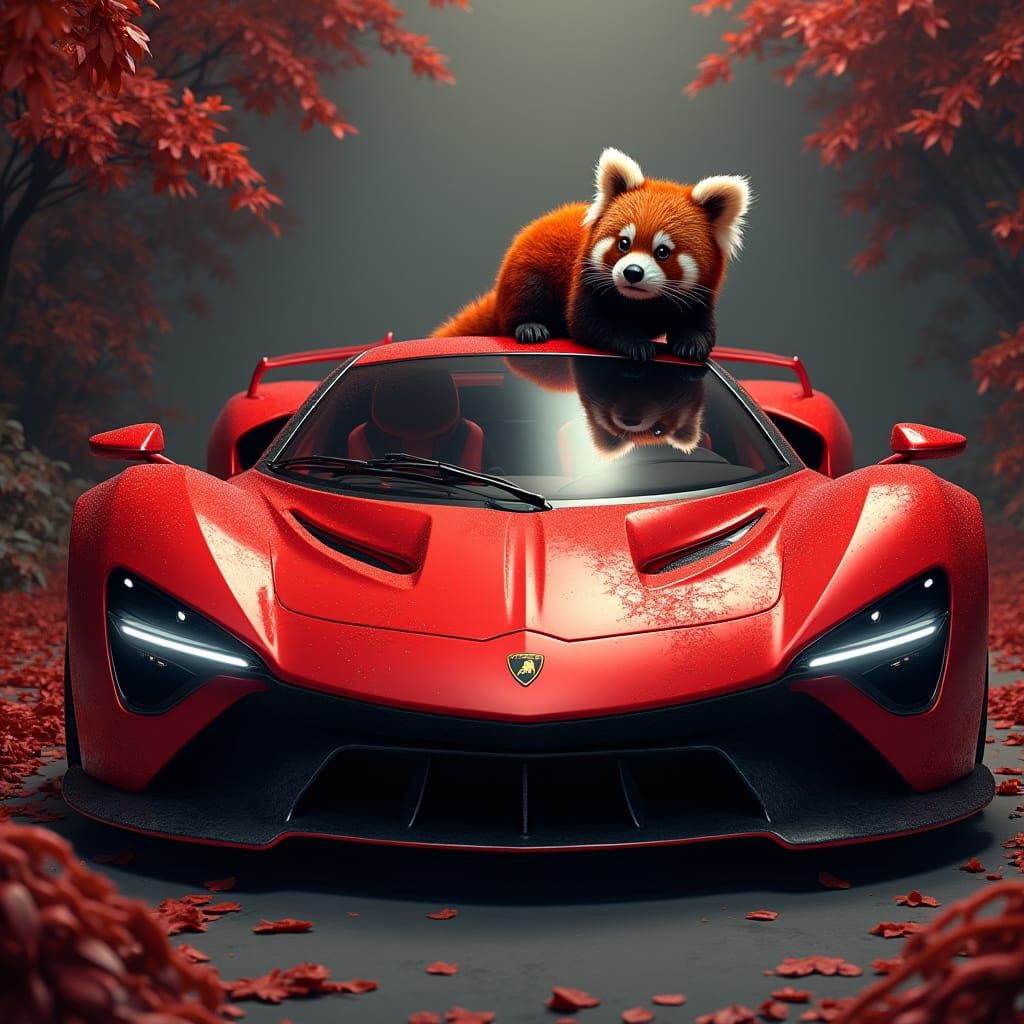 Red Panda on Crimson Lamborghini V12 Vision GT