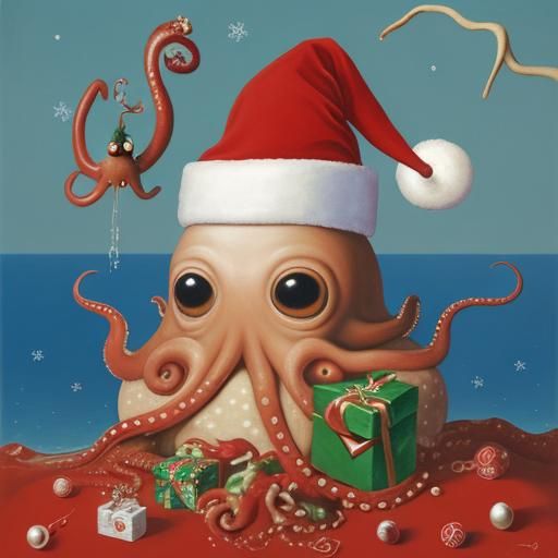 Surreal Octopus in Santa Hat, Dali Style