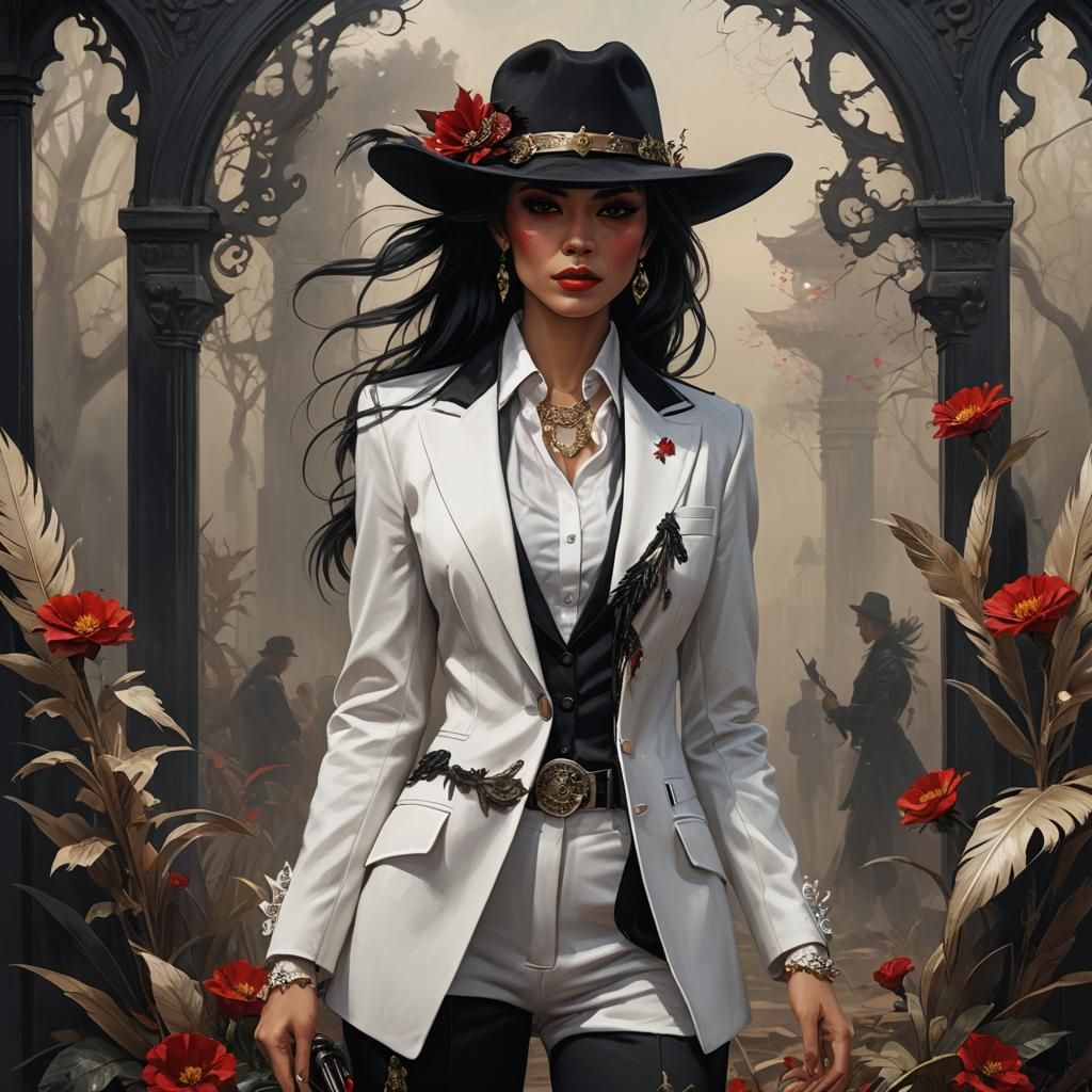Woman in Pant Suit with Red Eyes, Fantasy Art
