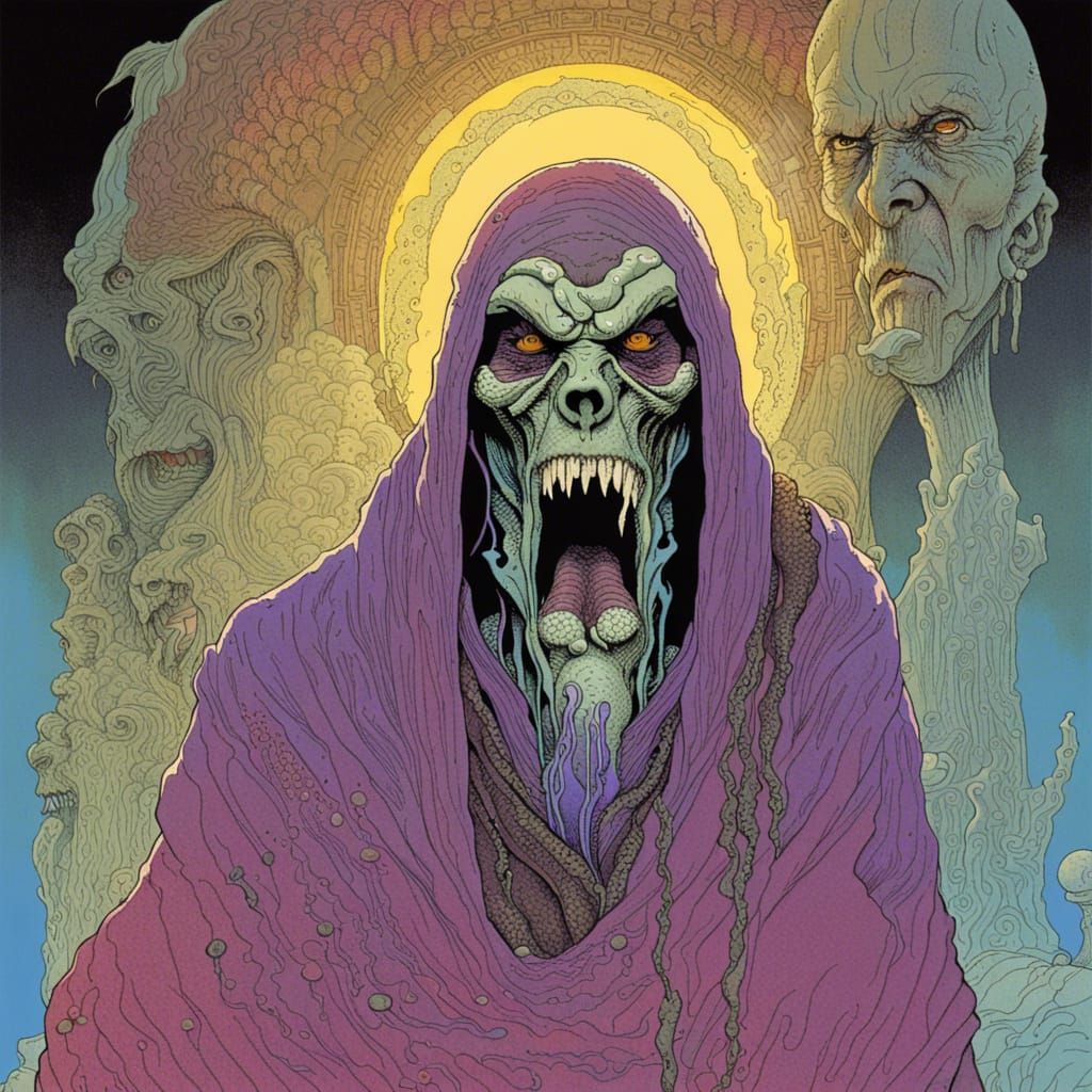 Ghostly Shaman Horror Portrait in Ligne Claire Style