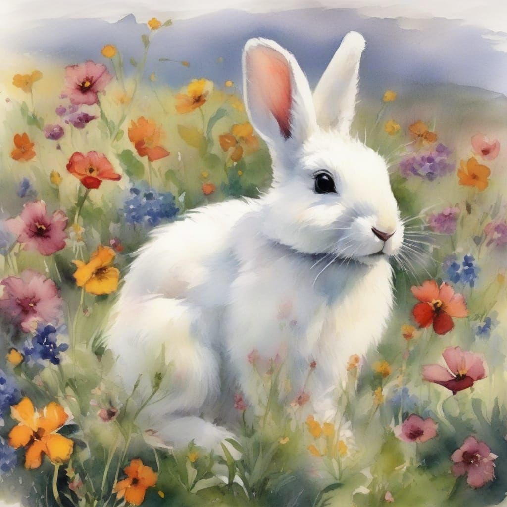 Tiny Bunny in Wildflower Meadow Watercolor Painting