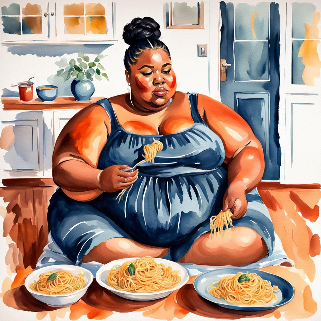 Beautiful Black Woman Eating Pasta in Gouache Style