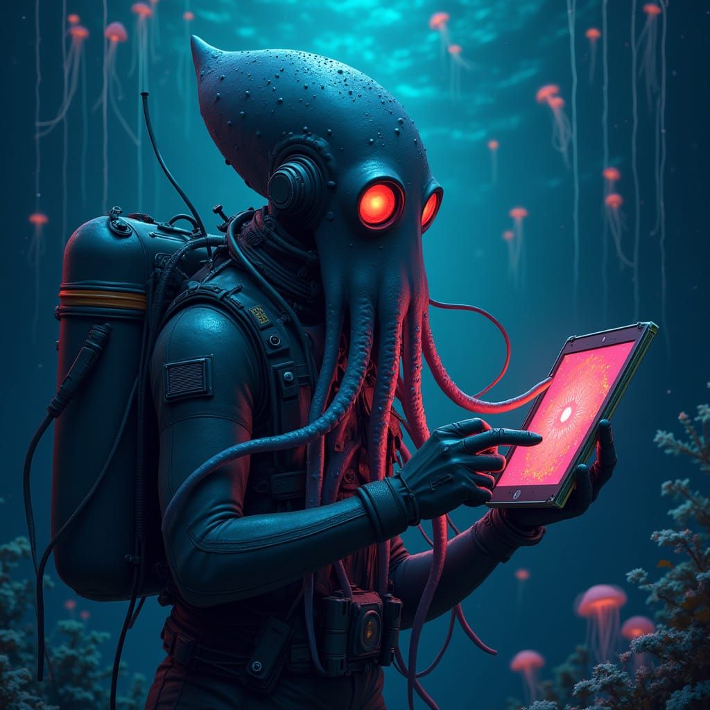 Deep-Sea Squid Uses Waterproof iPad in Neon Abyss