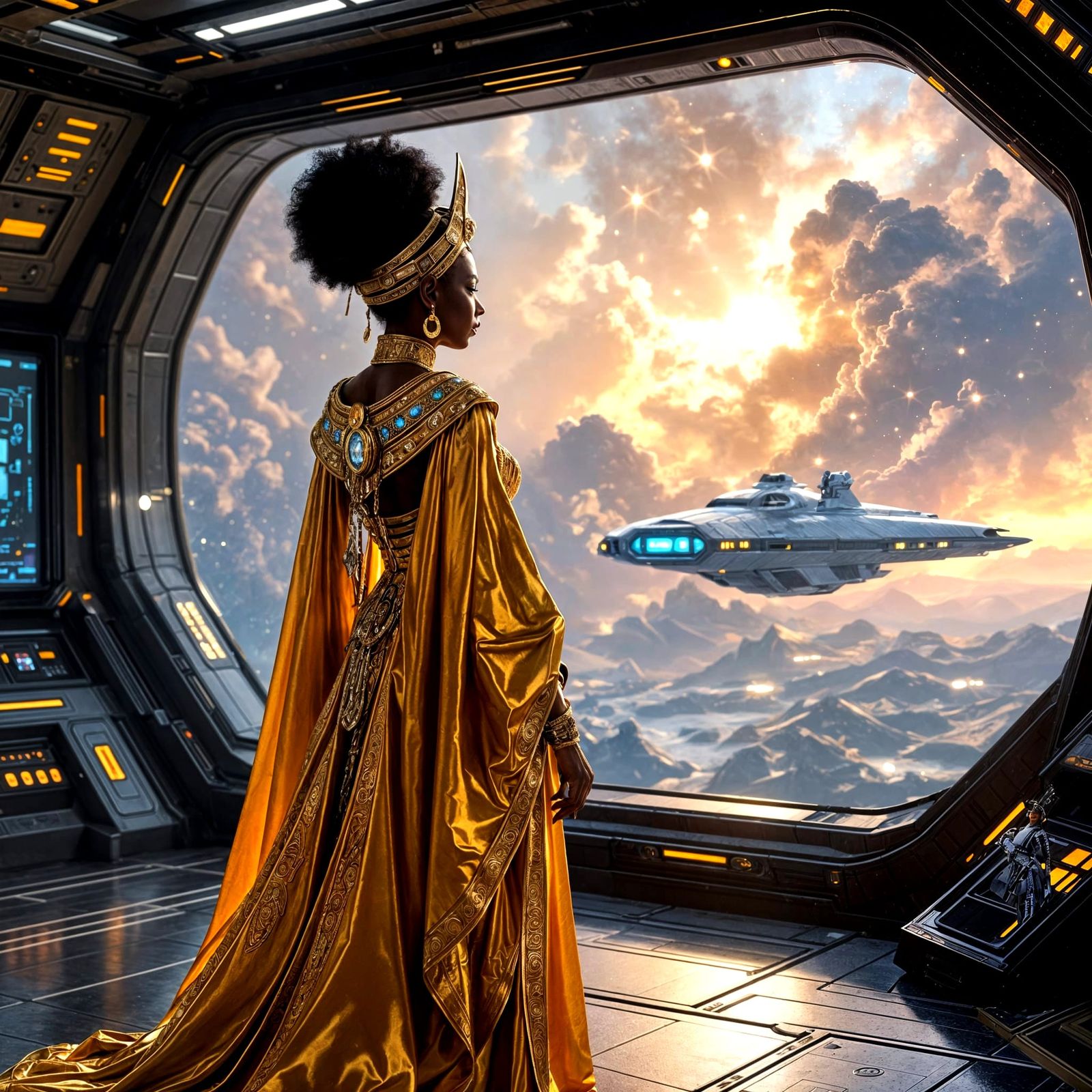 Nubian Queen Gazing at Nebula in Digital Art