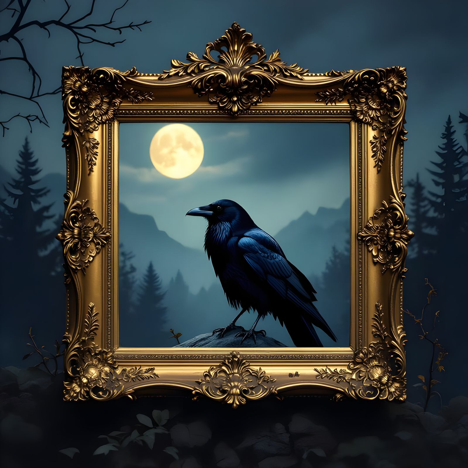 Raven on Golden Frame in Dark Fantasy Style