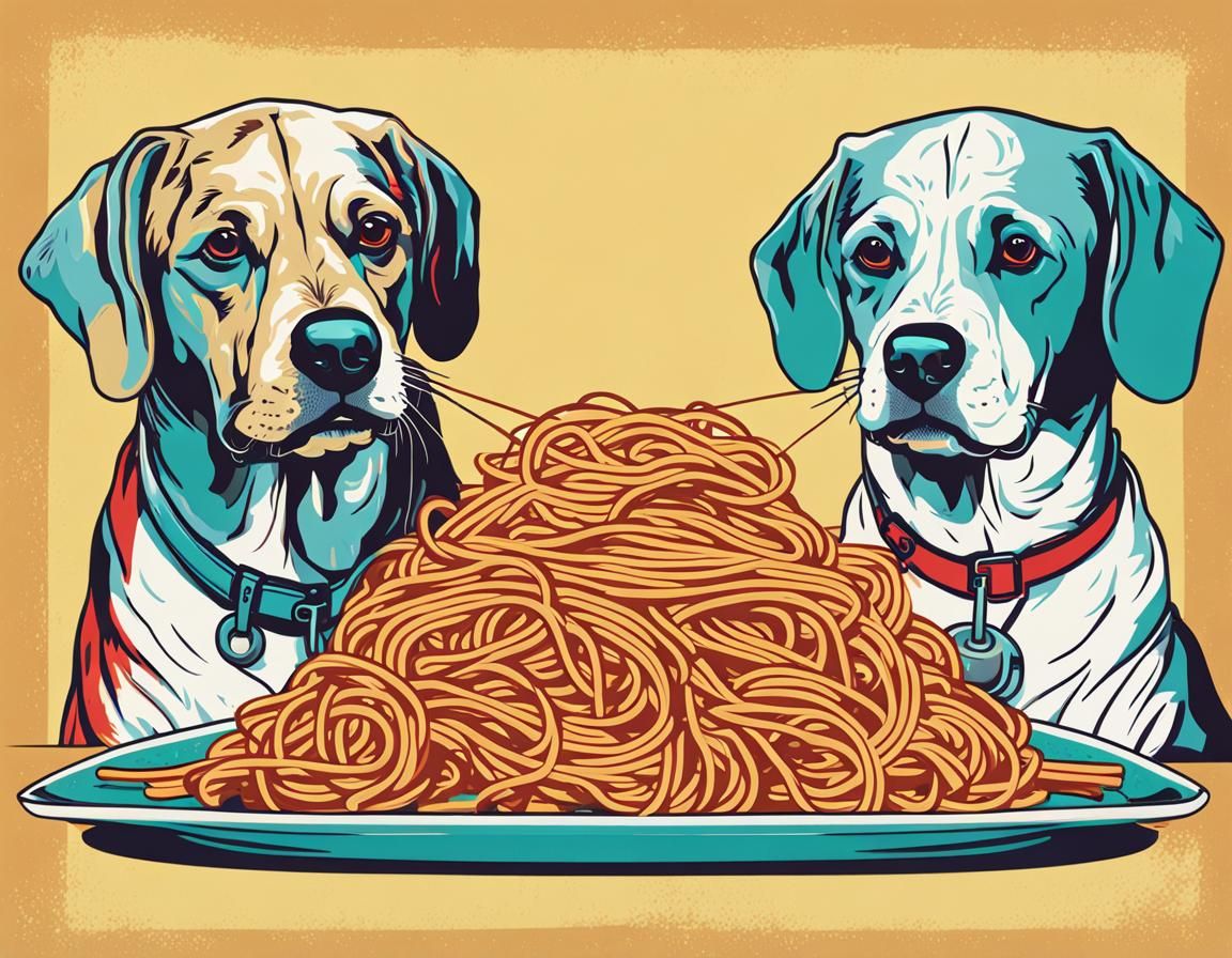 Dogs Share Spaghetti in Pop Art Style