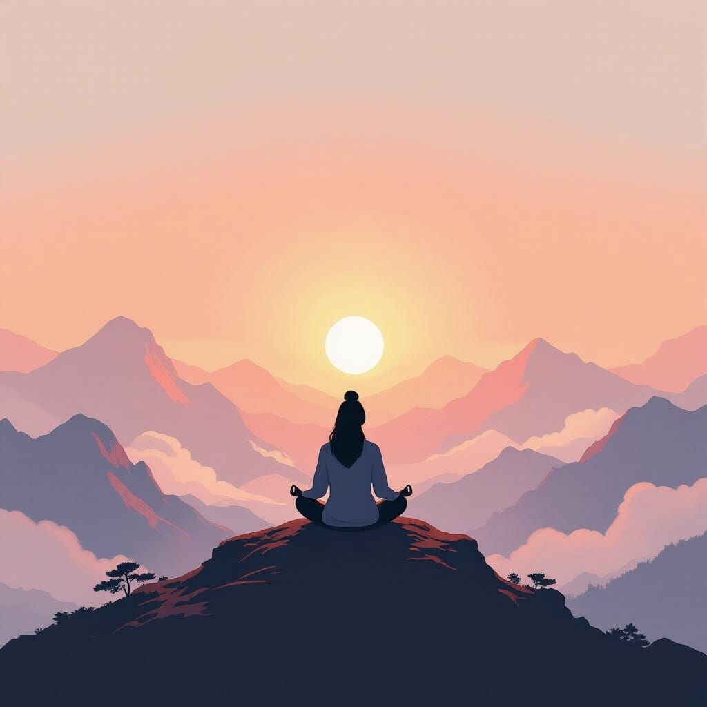 Serene Woman Meditating at Sunrise on Mountaintop