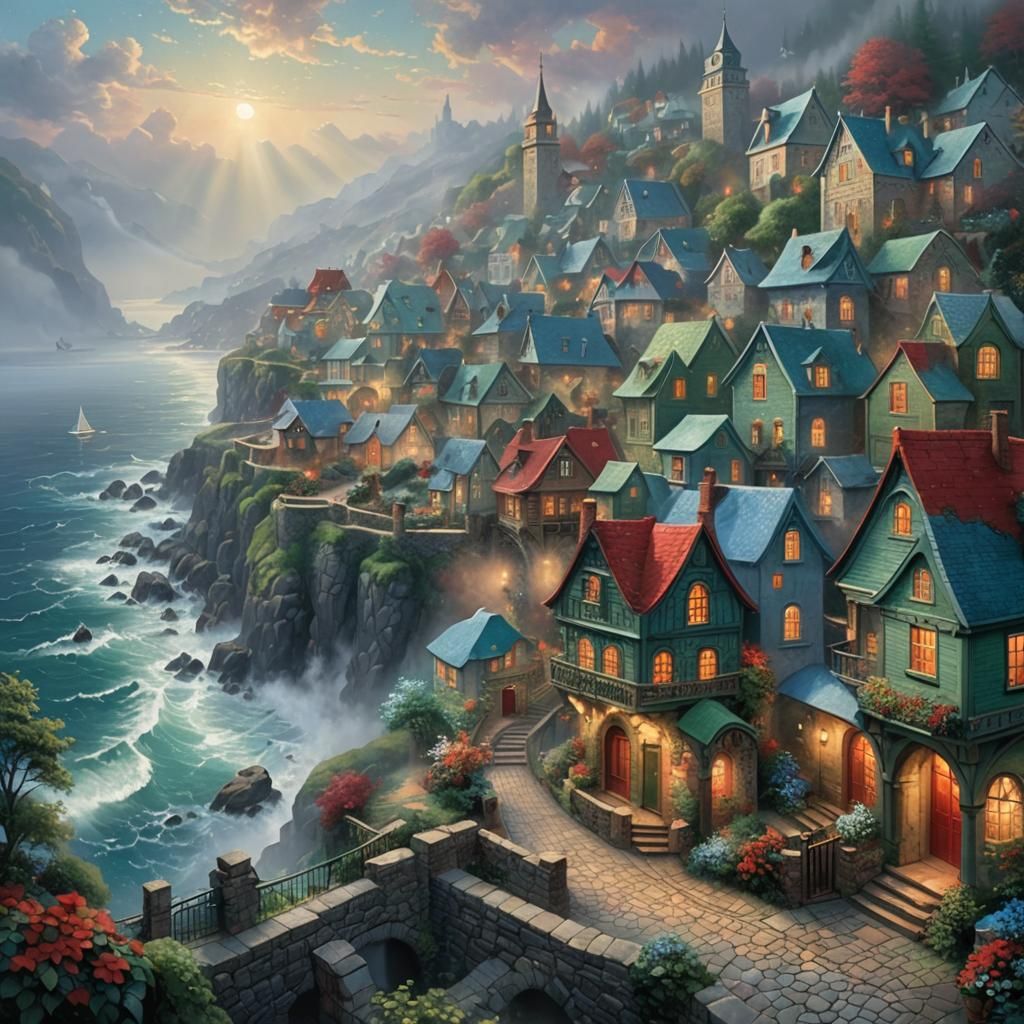 Ethereal Ocean Town in Hyperdetailed Fantasy Style