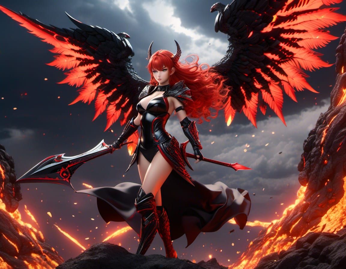 Demonic Woman Flies Over Lava Landscape