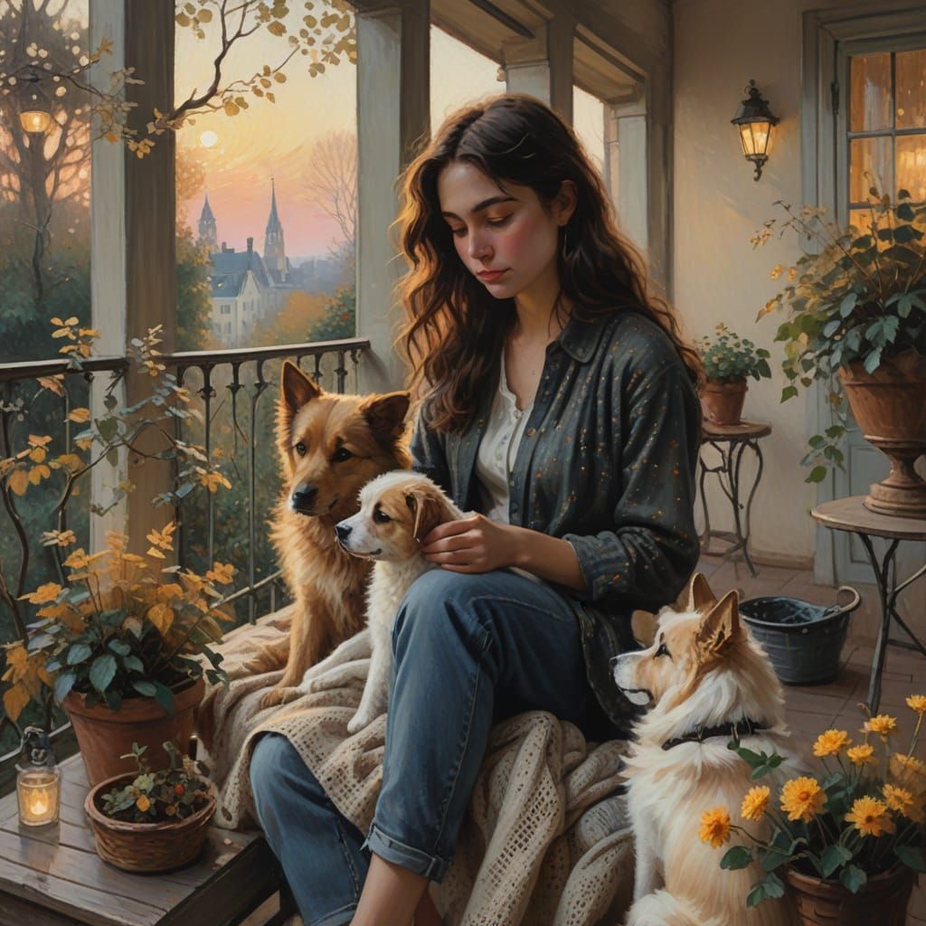 Balcony Sunset with Dog as Impressionist Painting