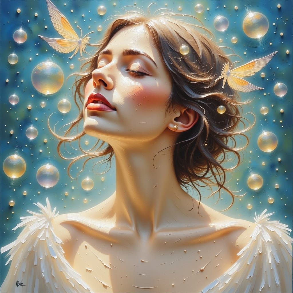 Woman Surrounded by Luminous Bubbles in Impressionist Style