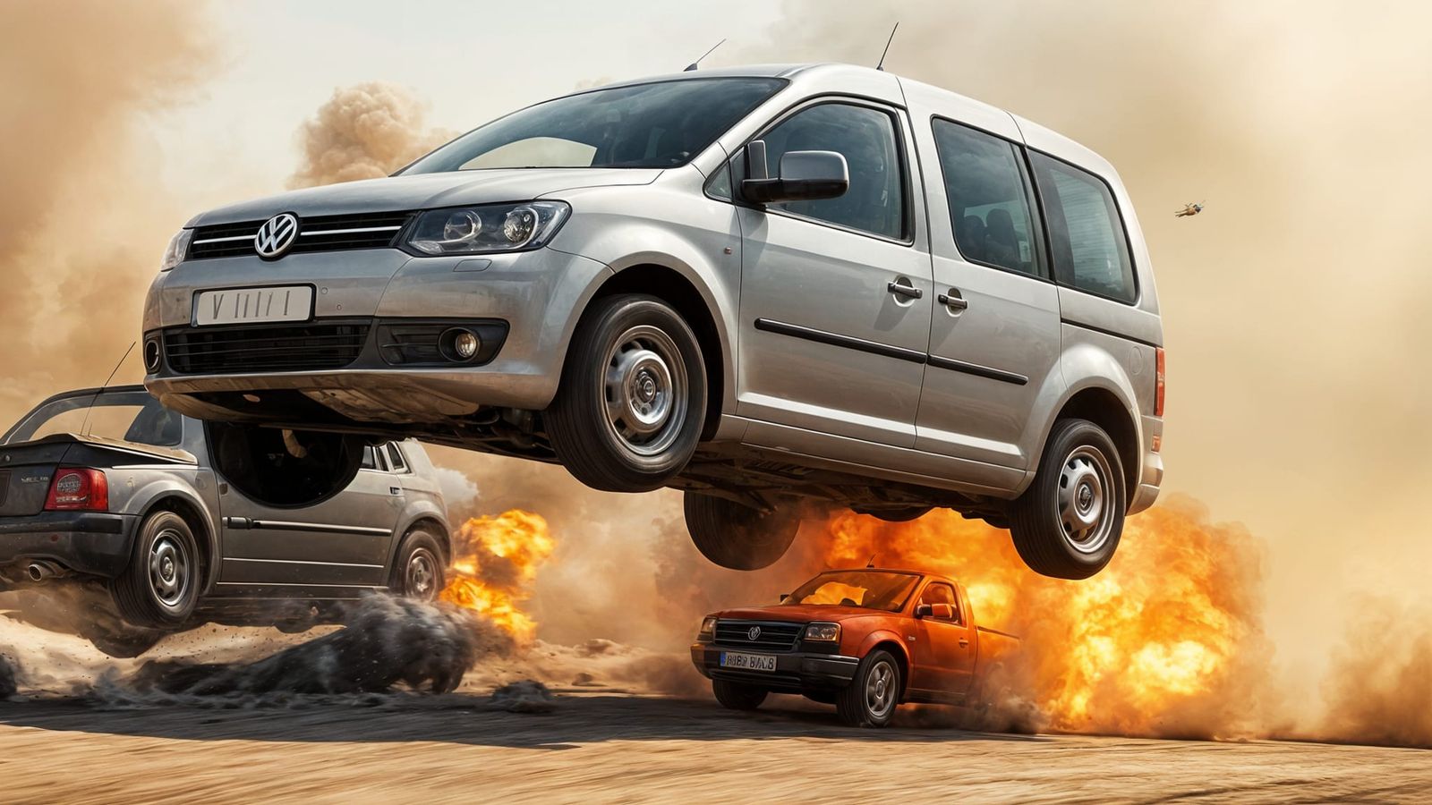 Silver VW Caddy Leaps Over Exploding Cars in Photorealistic ...