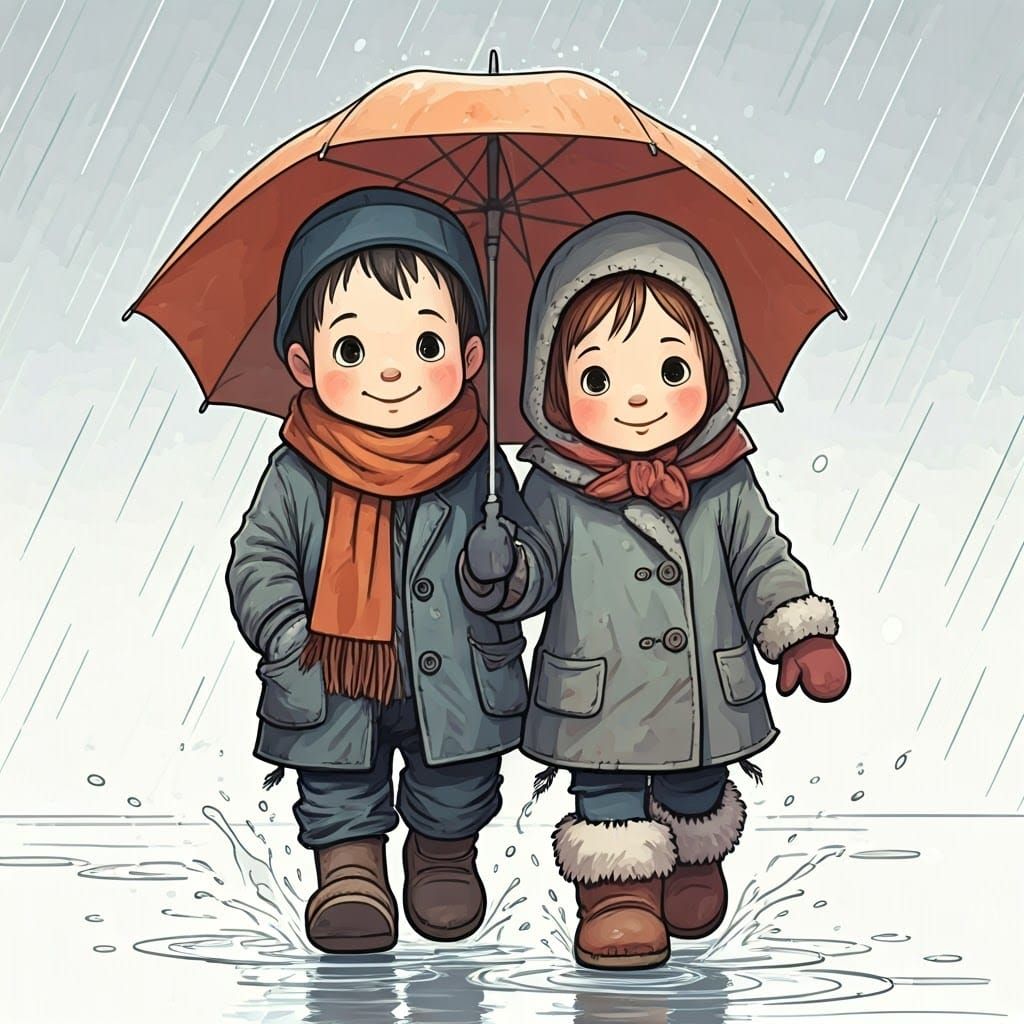 Charming Hasidic Children Walk on a Rainy Day in Comic Book ...