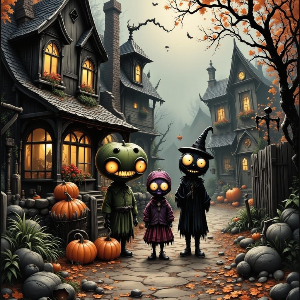 Big-Eyed Children Trick-or-Treating in Quaint Village