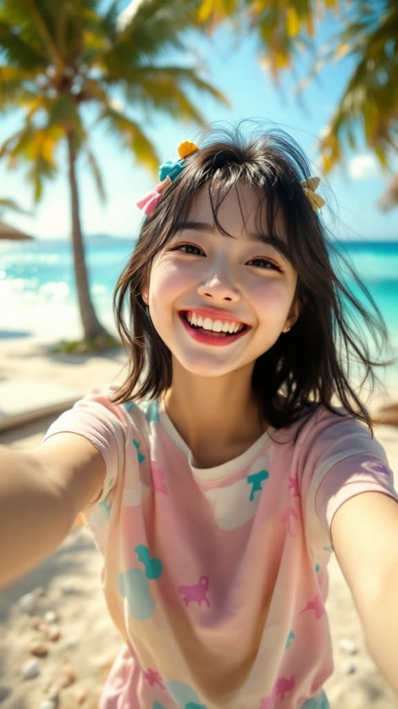 Cheerful Japanese Girl Selfie at Beach