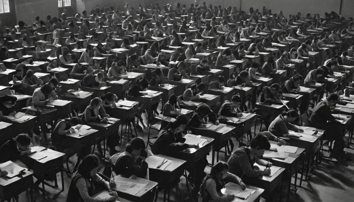 Cinematic Examination Hall with Students in Deep Focus