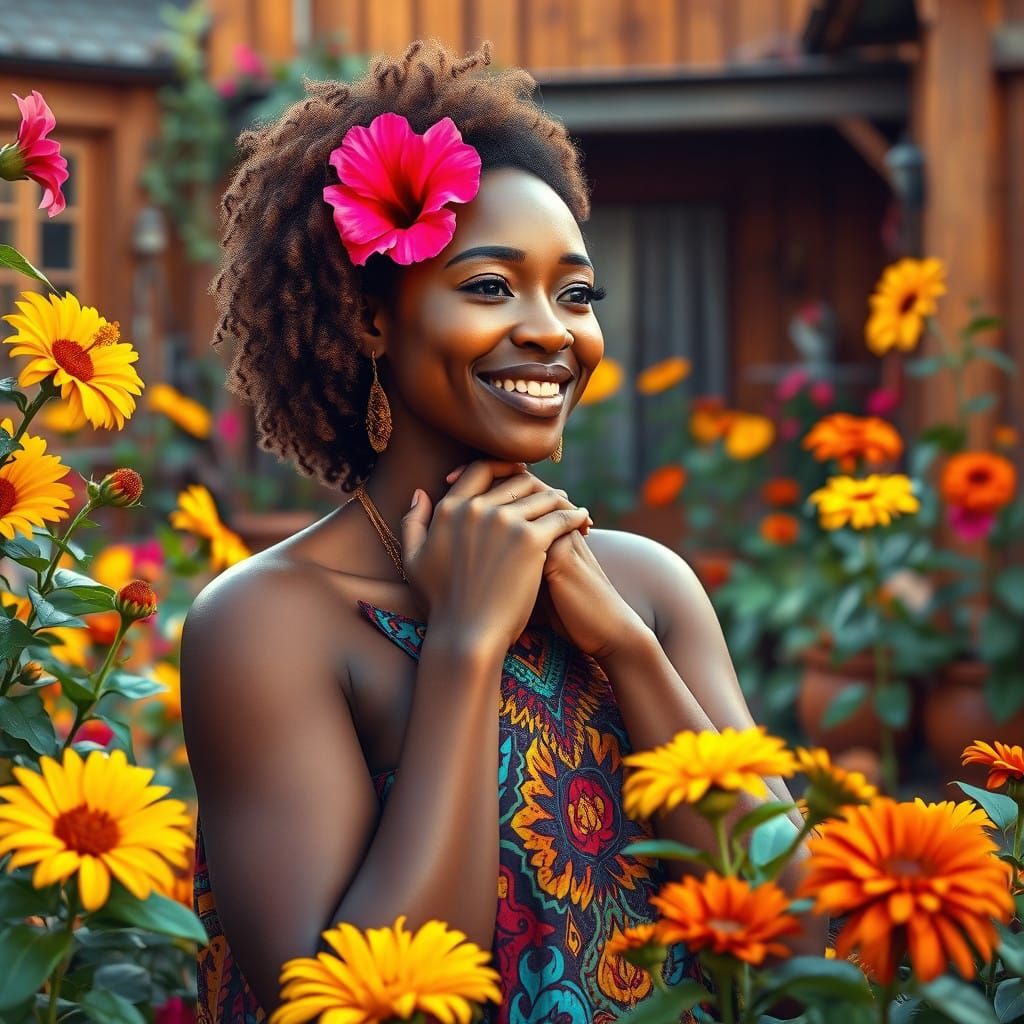 African Woman Admires Vibrant Flower Garden with Warm Smile