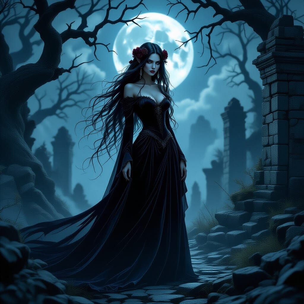 Gothic Elven Woman in Moonlit Forest