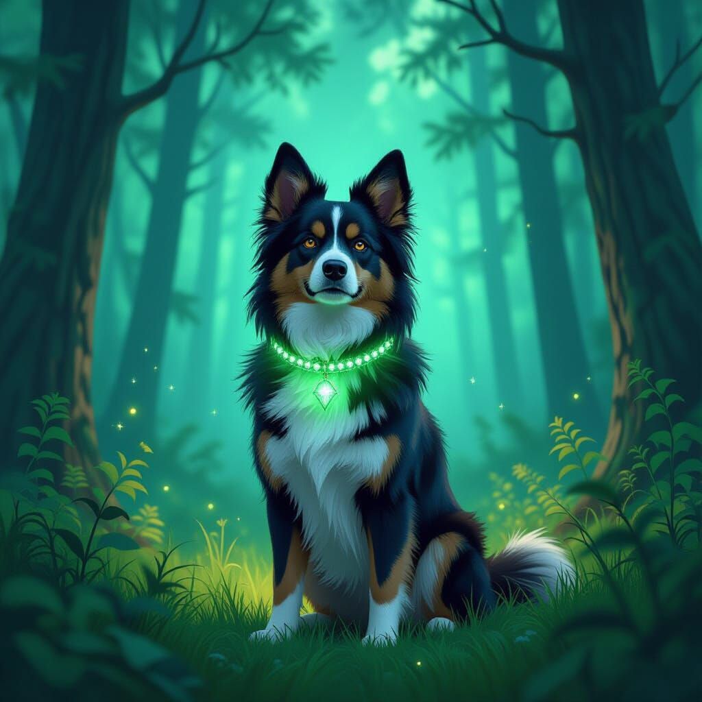 Mystical Dog in Ethereal Forest: Digital Art