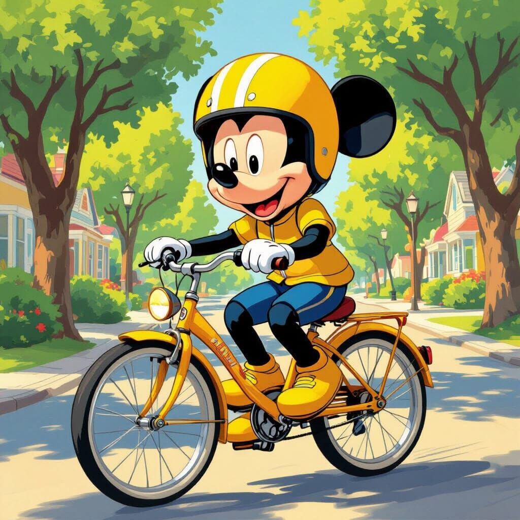 Mickey Mouse Rides a Bicycle in Miyazaki Style