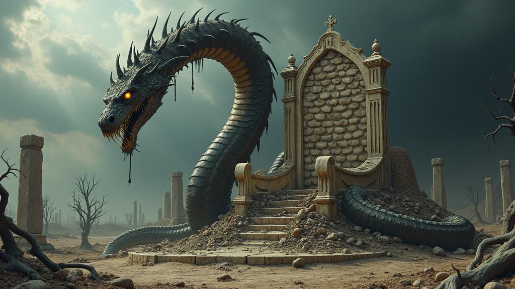 Decaying Serpent Coiled on Bone Throne in Dark Fantasy Art
