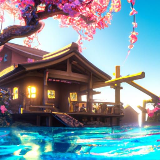 Japanese House with Cherry Tree in Art Nouveau Style