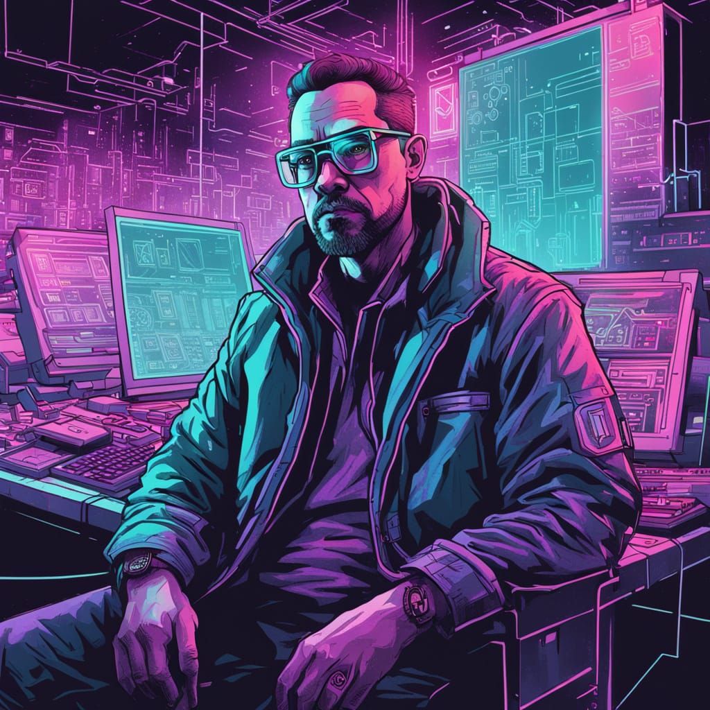 Cyberpunk Prompt Engineer in Retro-Futuristic Neon Sketch