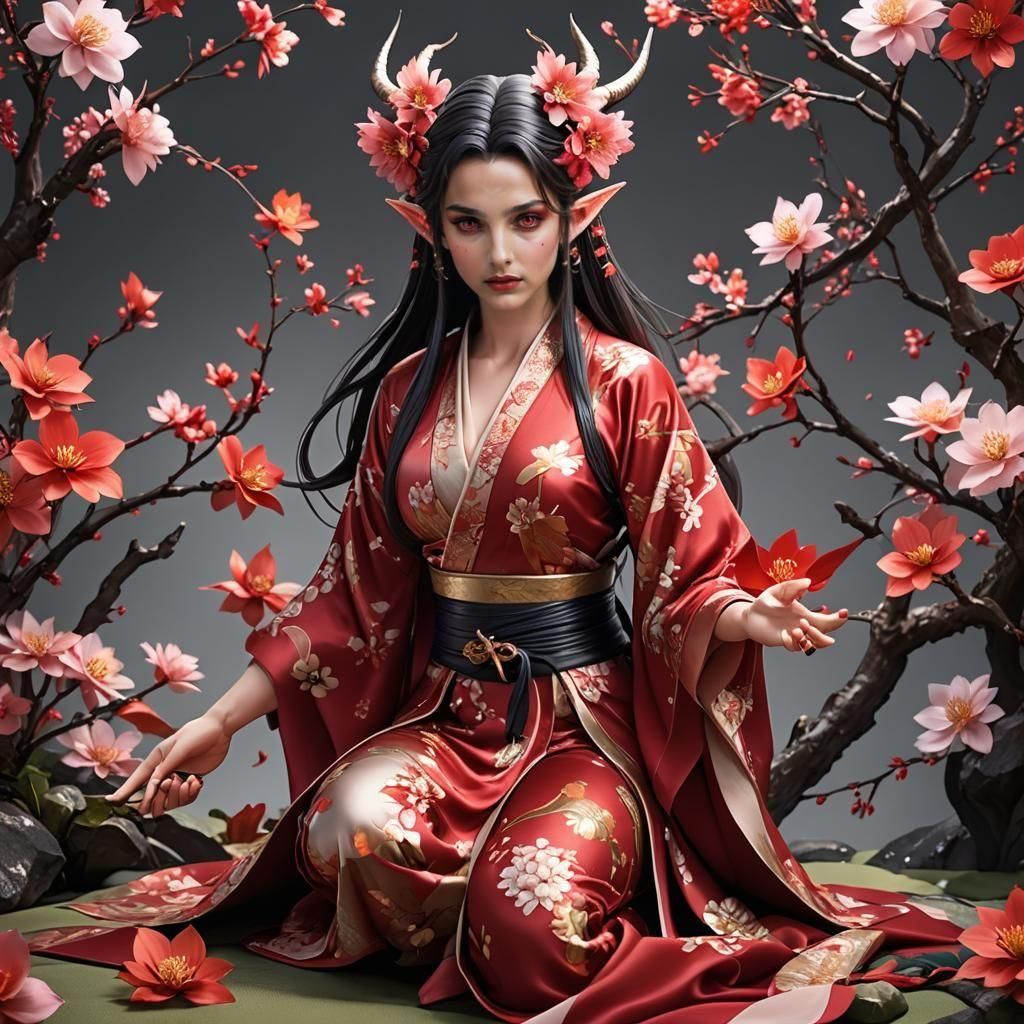 beautiful woman elf horned muscular kneeling in anger wearin...