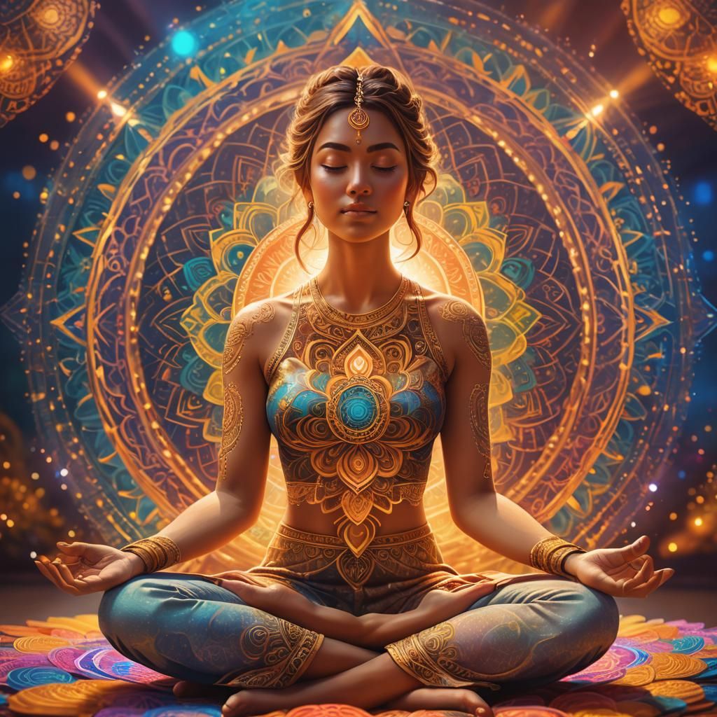 Vibrant Digital Art of Meditating Woman with Mandala