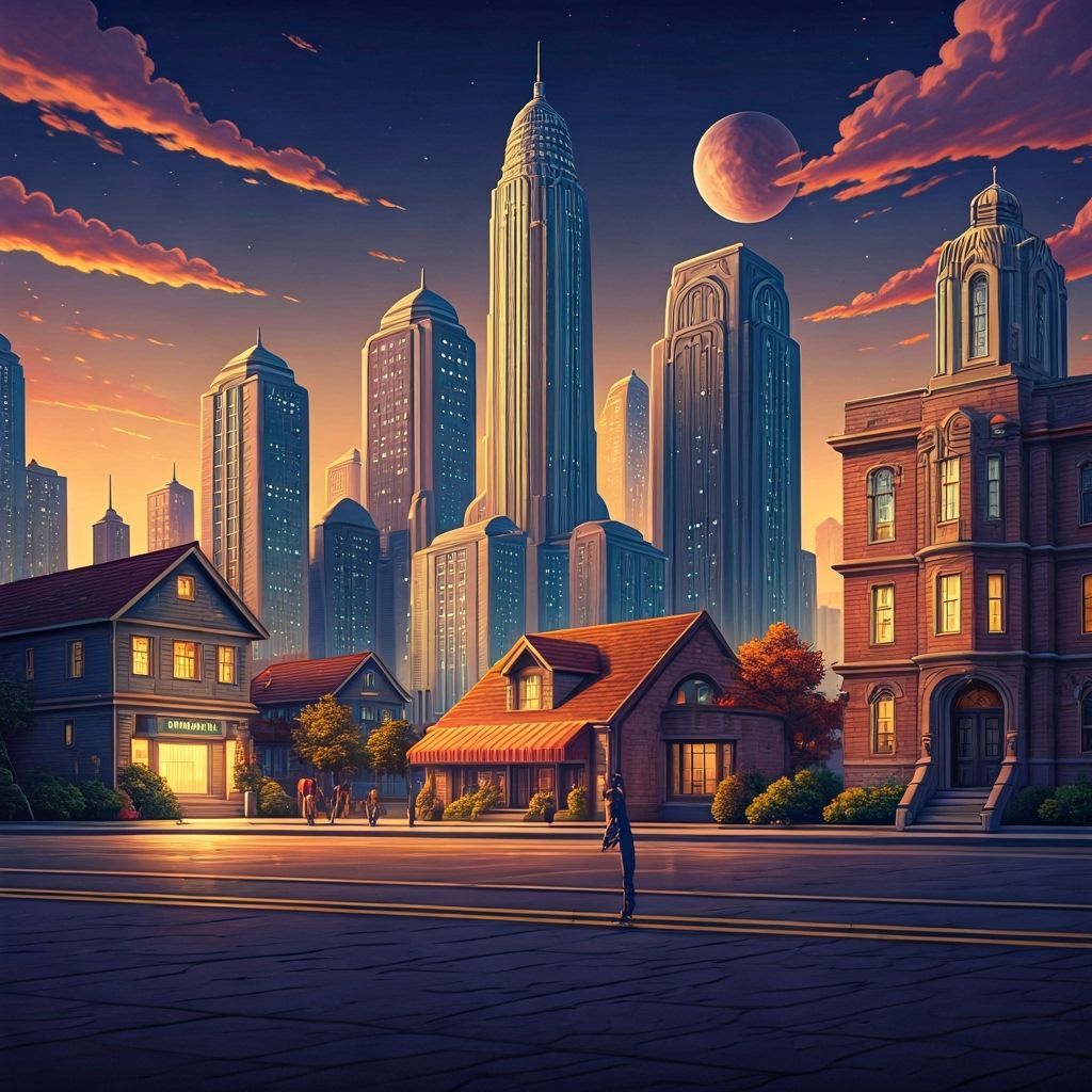 Retrofuturistic City of Thriving Humanity in Art Deco Style